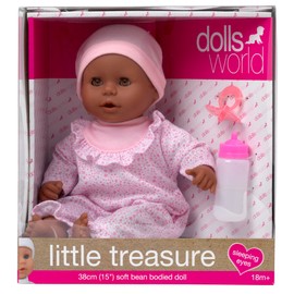 DOLLSWORLD from Peterkin | Little Treasure | 38cm doll with sleeping eyes, bottle and dummy with pretty pink outfit | Dolls & Accessories | Ages 18m+