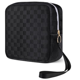 Likesing Upgraded 5.3" Checkered Mini Makeup Bag, Black Small Cosmetics Bag for Purse, Portable Small Makeup Pouch with Wrist Strap, Thickened Travel Mini Toiletry Bag for Womens Girls