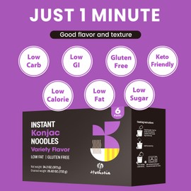 Hethstia Konjac Noodle Soup, 6-Pack Instant Shirataki Noodle Variety Pack (Spicy Red Curry, Miso, Kimchi, Tom Yum) – Low Carb, Low Calorie, Gluten-Free, Vegan, Keto, Ready to Eat Healthy Instant Meal
