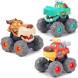 iPlay, iLearn Monster Trucks Toy for Boy, Big Play Foot Vehicles, Pull Back, Friction Powered, Toddlers Push and Go Set, Animal Toy Cars for 1 2 3 4 Year Old Boys, Birthday Gift for 12 18 Month Kids