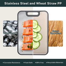 Stainless Steel Cutting Board, Large Double Sided Cutting Board for kitchen, 18/8 Stainless Steel & Wheat straw pp, Food-Grade, non Toxic - Easy to Clean, 16 x 11 Inches