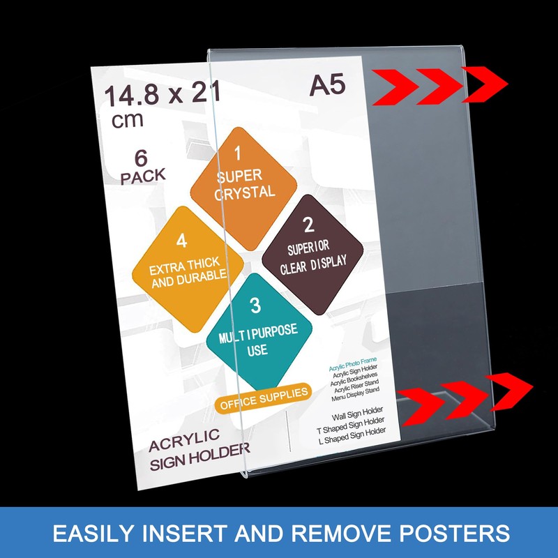 ROSSHINE A5 Acrylic Sign Holder, 6pack L-Shape A5 Perspex Display