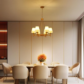 CNRATYE Gold Chandelier with White Shades, 6-Light Modern Farmhouse Chandeliers for Dining Room, Rustic Round Hanging Light Fixture for Kitchen Island Bedroom Office Living Room Entryway