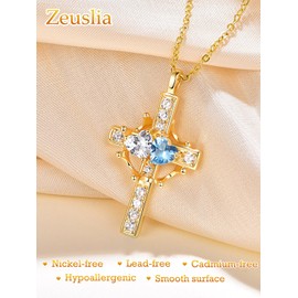 Cubic Zircon Topaz Jewellery April December Birthstone Cross and Crown Necklace for Women Sterling Silver Cross with Crown Necklace 14k Gold Plated Pendant Birthday Jewellery Gifts for Women