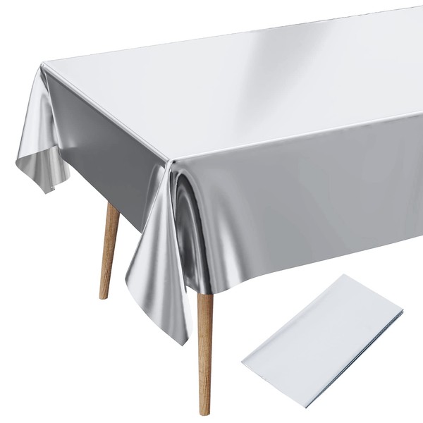 Silver Party Table Cover, 54 X 108 Inch Rectangle Foil Tablecloth, Waterproof & Metallic Plastic Disposable Table Cloth for Wedding Birthday Party Decorations Christmas Baby Shower Indoor or Outdoor