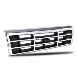 CHEDA Compatible with 1992-1996 Ford F150 F250 F350 Grille Assembly Headlight Door Chrome Grill (Silver + Black Chrome Middle Grille)