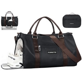 FIORETTO Womens Gym Tote Duffle Bag with Toiletry Bag, Sports Duffel Overnight Hospital Workout Carry on Bag for Girls with Wet Pocket & Shoe Compartment, Ideal for Travel, Swimming, Black & Brown
