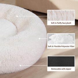 Round Calming Dog & Cat Bed, Anti-Anxiety Donut Cuddler Warming Cozy Soft Round Bed, Fluffy Faux Fur Plush Cushion Bed, Washable Soft Warm Pet Bed with Non-Slip Bottom (White, M(30*30*8in))