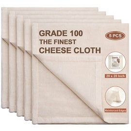 eFond Cheesecloth, Precut 20x20Inch, Grade 100 Hemmed Cheese Cloths for Cooking Reusable and Washable, 100% Unbleached Pure Cotton Muslin Cloths for Straining Butter, Fruit, Nut Milk (5 Pieces)