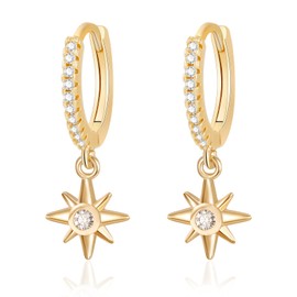 8YEARS 18K Gold Plated Dangle Hoop Earrings for Women Girls, Gold CZ Paved Huggie Hoops With Star Moon Teardrop Charms, Small Hoop Earrings With Heart Evil Eye Star Sun Charms, Cubic Zirconia