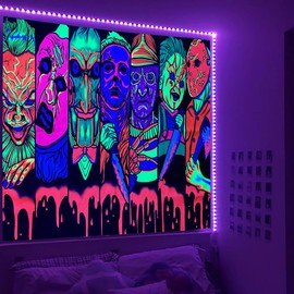 Jhdstore Blacklight Horror Face Tapestry UV Reactive Tapestries Wall Hanging Glow in The Dark Party Backdrop Tapestry for Bedroom Living Room - 40" x 60"