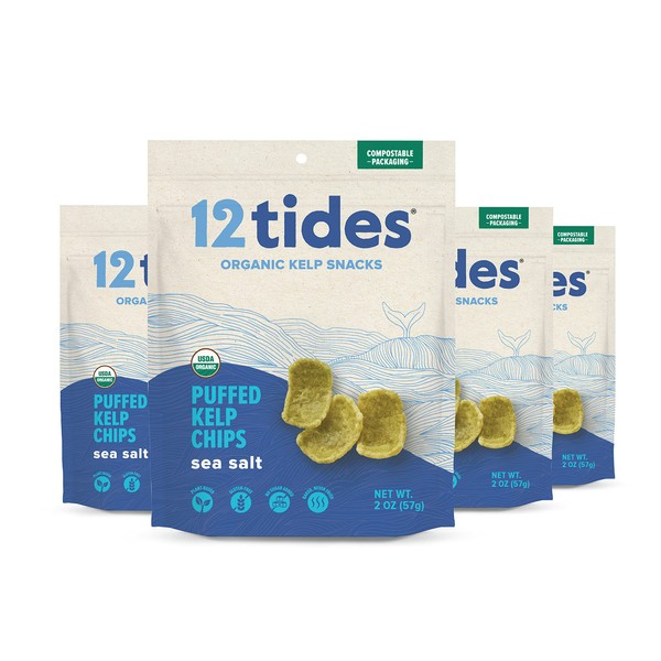 12 Tides Chips de algas abombadas orgánicas – Chips de algas marinas a base de plantas, sin OMG, sin gluten, sin azúcar añadido, patatas fritas de verduras marinas, sal marina, 4 unidades