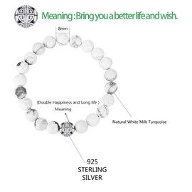 MetJakt Natural 8 mm Gemstones, Healing Crystal Stretch Beads Bracelet Bangle with 925 Sterling Silver Double Happiness Pendant, Sterling Silver, without stone