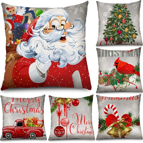 Set of 6 Christmas Pillow Case Christmas Pillow Covers Christmas Cushion Covers Vintage Christmas Pillow Covers Pillowcase Snowflakes Pillow Covers for Sofa Bed Car 18 x 18 Inch