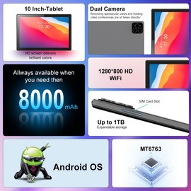 Crelander 10.1 Inch Android 13 Tablet with SIM Card Slot 4G LTE Calling,12GB+512GB, 8000mAh Battery, Dual Camera, Bluetooth/WiFi, Bundle with Case, Keyboard, Mouse & Stylus (Grey Black)