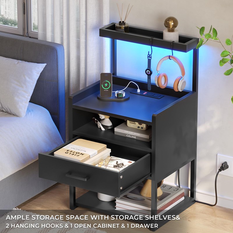 VIAGDO Night Stand Set 2 with Charging Station and LED