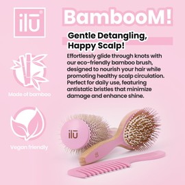 Ilū Bamboo Hair Brush Detangler in Pink Flamingo Gentle Hair Massage with 100 Bamboo Ideal for All Hair Types Stylish and Environmentally Friendly Hair Combs and Brushes