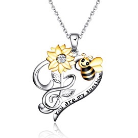 YAFEINI 925 Sterling Silver Bee Necklace You are My Sunshine Necklace Bee Sunflower Pendant Jewellery Gifts For Women Girls Mum Daughter