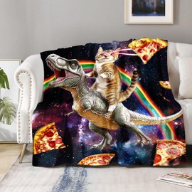 Aimego Funny Cat Blanket Gifts for Men Women Kids Cool Cat Riding Dinosaur on Fantasy Galaxy Cozy Travel Bed Couch Plush Boys Girls Birthday Christmas Lightweight Blanket 50"x60"