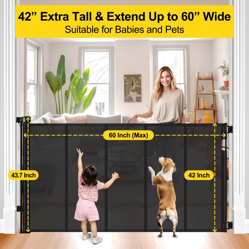Reinforced 42” Extra Tall Retractable Baby Gates with Rods, Extends