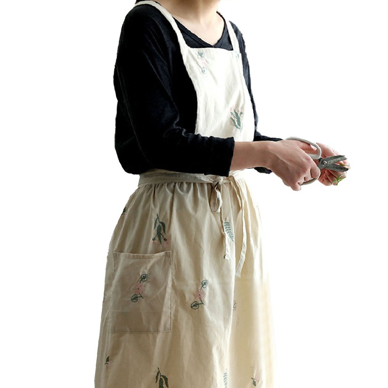 Cooking Apron Flower Embroidery Waterproof Wear Resistant Baking Apron for
