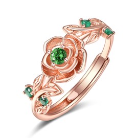 May Birthstone Jewellery Emerald Ring Sterling Silver Rose Rings for Women Rose Gold Flower Rings Adjustable Rose Ring Jewellery Gifts for Women