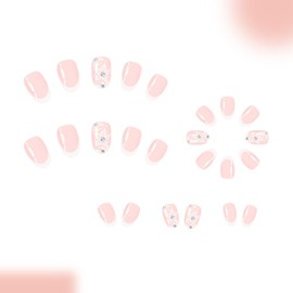 24Pcs White Flowers Press on Nails Short Almond Fake Nails Cute Flower False Nails with 3D Rhinestone Designs Full Cover Glue on Nails Summer Floral Acrylic Nails French Tip Stick on Nails for Women