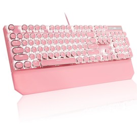 MageGee MageGee Typewriter Mechanical Gaming Keyboard, Retro Pink Punk Round Keycaps LED White Backlit Wired Keyboards with Detachable Wrist Rest for Game and Office, for Windows Laptop PC Mac - Blue Switches