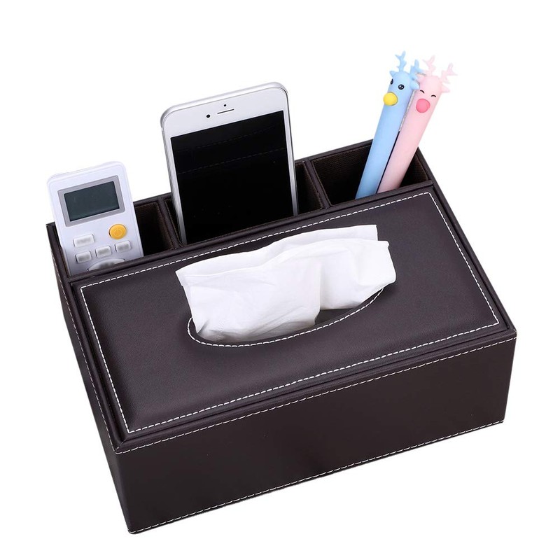 Multifunctional PU Leather Tissue Box Holder Rectangular Desktop Remote Control