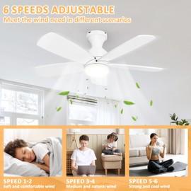 Ceiling Fan with Light, Wireless Remote, Flush Mount Design, Adjustable Dimmable Lighting, Quiet Operation -Ceiling Fan for Bedroom, Living Room