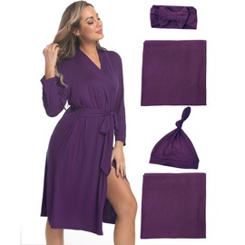 WINROLA Maternity Robe with Matching Swaddle Set, Mommy Me Set Soft Women Maternity Sleepwear Bathroom Long Sleeves Robe (US, Alpha, XX-Large, Regular, Regular, YFF22PURPLE5)