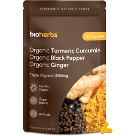 Organic Turmeric Capsules 1500mg with Black Pepper & Ginger | High Strength Turmeric Supplement by BioHerbs | 120 Capsules (2-Month Supply)