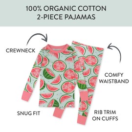 HonestBaby 2-Piece Pajamas Sleepwear PJs 100% Organic Cotton for Baby, Toddler, Kids, Girl, Watermelon Oasis