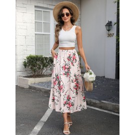 Zeagoo Skirt Women's Long Summer Skirt with Pockets Elastic High Waist Maxi Skirt Elegant Long Tiered Skirt S-XXL, Pink (pink flowers), M