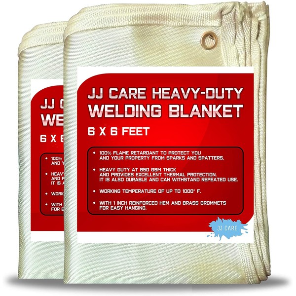 JJ CARE Heavy Duty Welding Blanket 6x6 ft (Pack of 2) Fiberglass Welding Curtain [850GSM Thick] Weld Blanket 36 Sq Ft Welding Shield, Weld Curtain for Industrial and Home Use