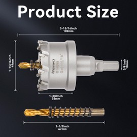 Henvo Hole Saw 1-15/16" (49mm) Heavy Duty Carbide with 2 Pilot Drill Bits - Metal Hole Cutter Cuts Stainless Steel, Iron, Copper, Brass, Plastic