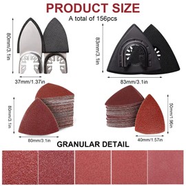 156 Multitool Sanding Plate for Delta Sanders, 3 Finger Sanding Pad Holder and 3 Triangle Sanding Discs, 150 Sheets Sandpaper, Includes 60/80/100/120/180/240 Grit