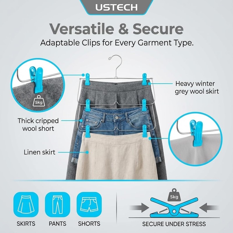 USTECH 6 Tier Skirt Hangers with Clips | Space Saver
