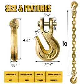 3/8" Tow Chain - G80 Trailer Safety Chain with G70 Clevis Grab Hooks for Logging|25FT Heavy Duty Chain Wll 7100 Lbs|Tie Down Chain Binders for Towing Truck Binding Accessories and Transporting