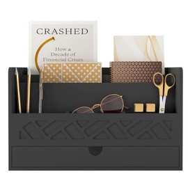 Bamboo Mail Organizer Countertop Desktop with Drawer - Desk Organizer with File Organizer for Office Supplies All-in-One Desk File Organization with Pencil Holder for Paper Letter Envelope Bill