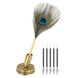 PATIKIL Peacock Feather Ball Pen Wholesale Metal Holder Black Ink Vintage Quill Writing Pen with 5 Refills for Office Wedding Signing Golden