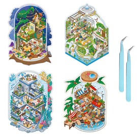 New 4PCS Fun DIY Stickers Scene，Cute 3D Korean Cartoon Scene Sticker for Adult and Children Relief Stress Pass The Time，Mini House Sticker with Tweezers(04)