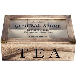 Shabby Chic/Rustic/Vintage/Style Wooden TEA Storage Box/Caddy/Tea Bag Chest - 6 compartment - hinged transparent lid -