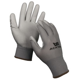 ACKTRA 12 Pairs, Safety Work Gloves Polyurethane (PU) Coated, Grey Polyester Grey Coating, Ultra-Thin and Light, EN388 3121X, Multipurpose, Unisex, Bulk Pack WG002, X-Small