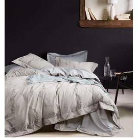 Eikei Wildflower Yarn Dyed Soft Washed Cotton Jacquard Bedding Modern Farmhouse Duvet Quilt Cover Set Reversible Woven Minimalist Branches Floral Nature Design (Queen, Calm Grey)