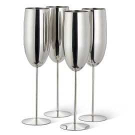 Oak & Steel - 4 Silver Stainless Steel Champagne Flutes with Gift Box, 284 ml - Elegant, Solid & Unbreakable - Birthdays, Weddings, Valentine's Day
