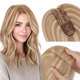 Hairro Human Hair Topper, Clips in 100% Real Hairpieces for Women, 2.25"x6" Silk Base Lightweight, Invisible Natural for Covering Thinning Hair/Adding Volume, 14 Inch Golden Brown Mix Bleach Blonde