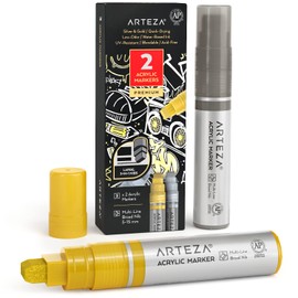 ARTEZA Metallic Acrylic Paint Pens, Set of 2, Silver & Gold, 3-in-1 Multi-Line Nibs, 5–15 mm Line, UV-Resistant Paint Markers for Rocks, Glass, Metal, and Wood, Art Supplies for Office and Home
