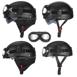 Senhill German Style Motorcycle Helmet for Adult Retro Leather Half Helmet Vintage Cap Skull Cap Open Face Helmet with Goggles for Cruiser Scooter Chopper DOT/FMVSS 218 Approved (Black Type, L)