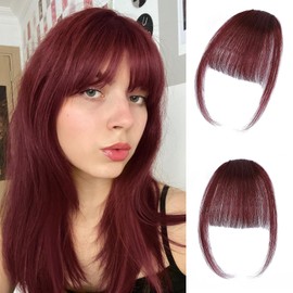 BUPPLER Clip in Bangs 100% Real Human Hair Clip on Bangs for Women Faux Bangs Clip in Hair Extensions with Hair Roller for Daily Wear(Thin,Burgundy Red)
